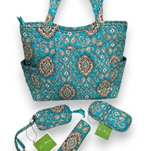 NEW Vera Bradley Totally Turq Set Pleated Tote Purse Sunglass Tech Case Travel